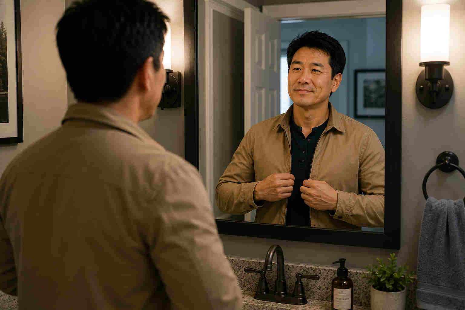 Asian man looking at himself confidently in a bathroom mirror while adjusting his jacket
