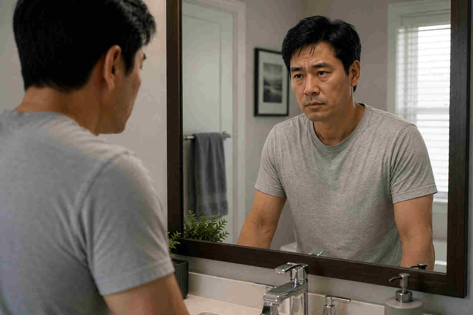 Asian man looking seriously at himself in a bathroom mirror after divorce