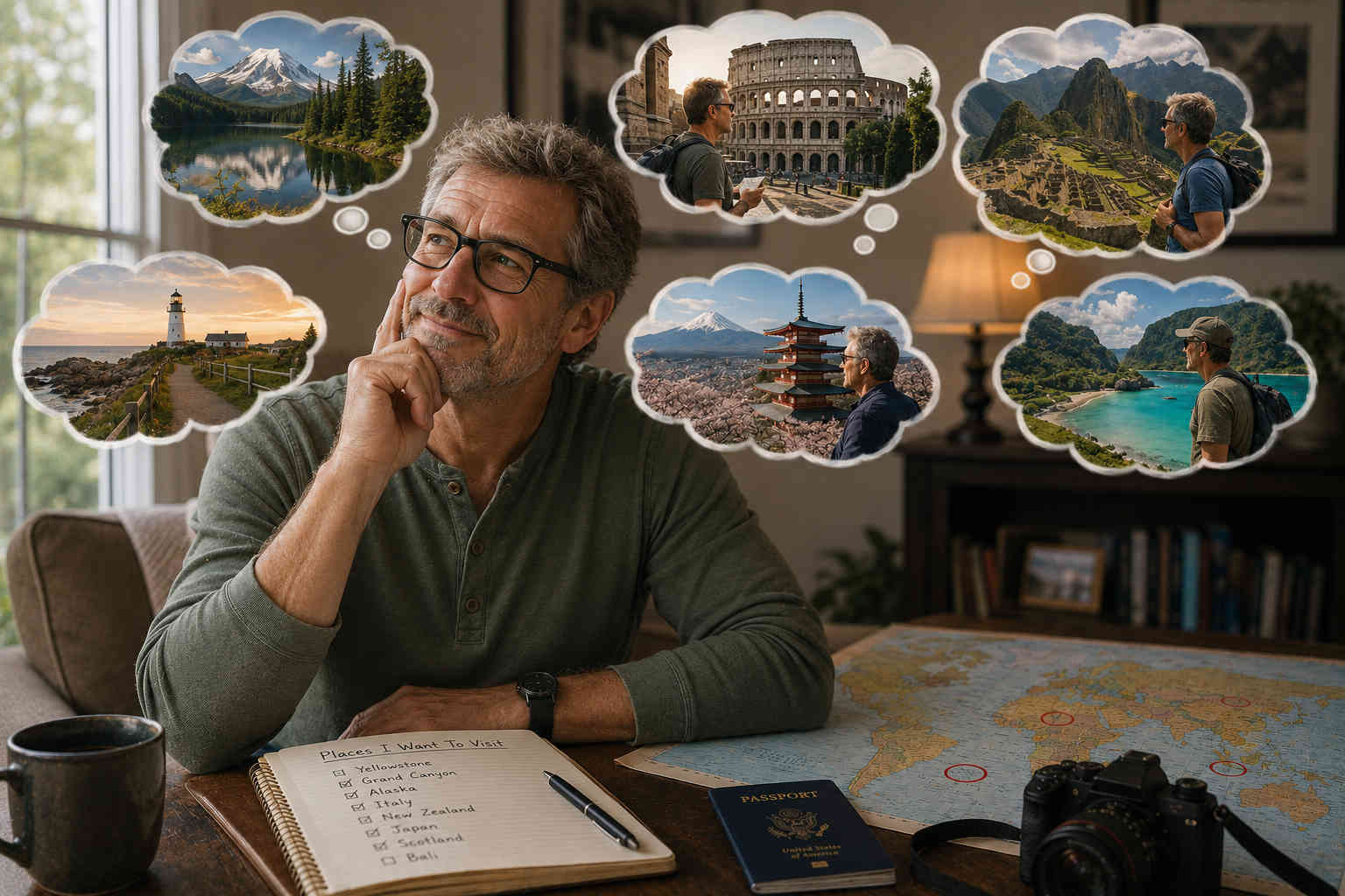 Older version of the same man looking back on decades of nearby and international travel memories shown in thought bubbles