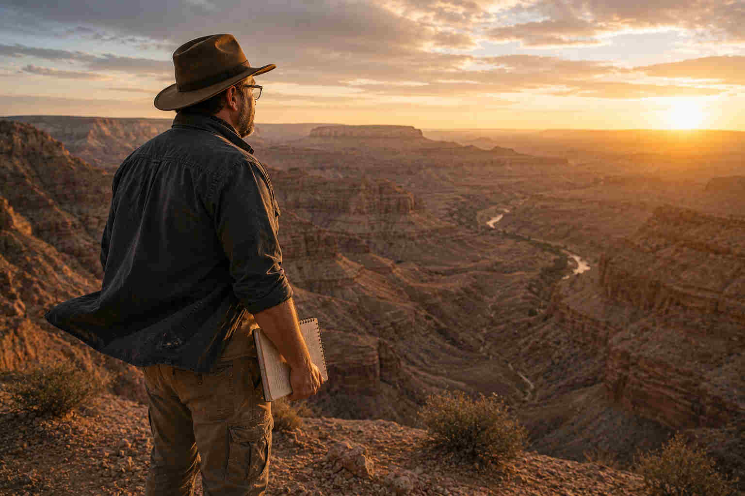 Paleontologist standing on a canyon overlook with a notebook while considering the future