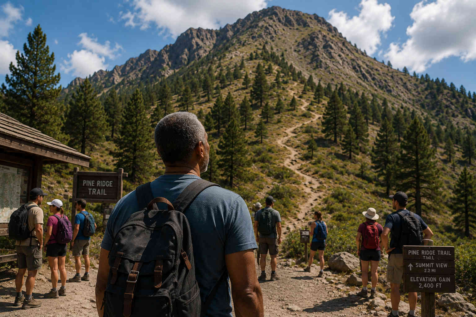 Divorced man looking up at a steep mountain trail with other hikers nearby