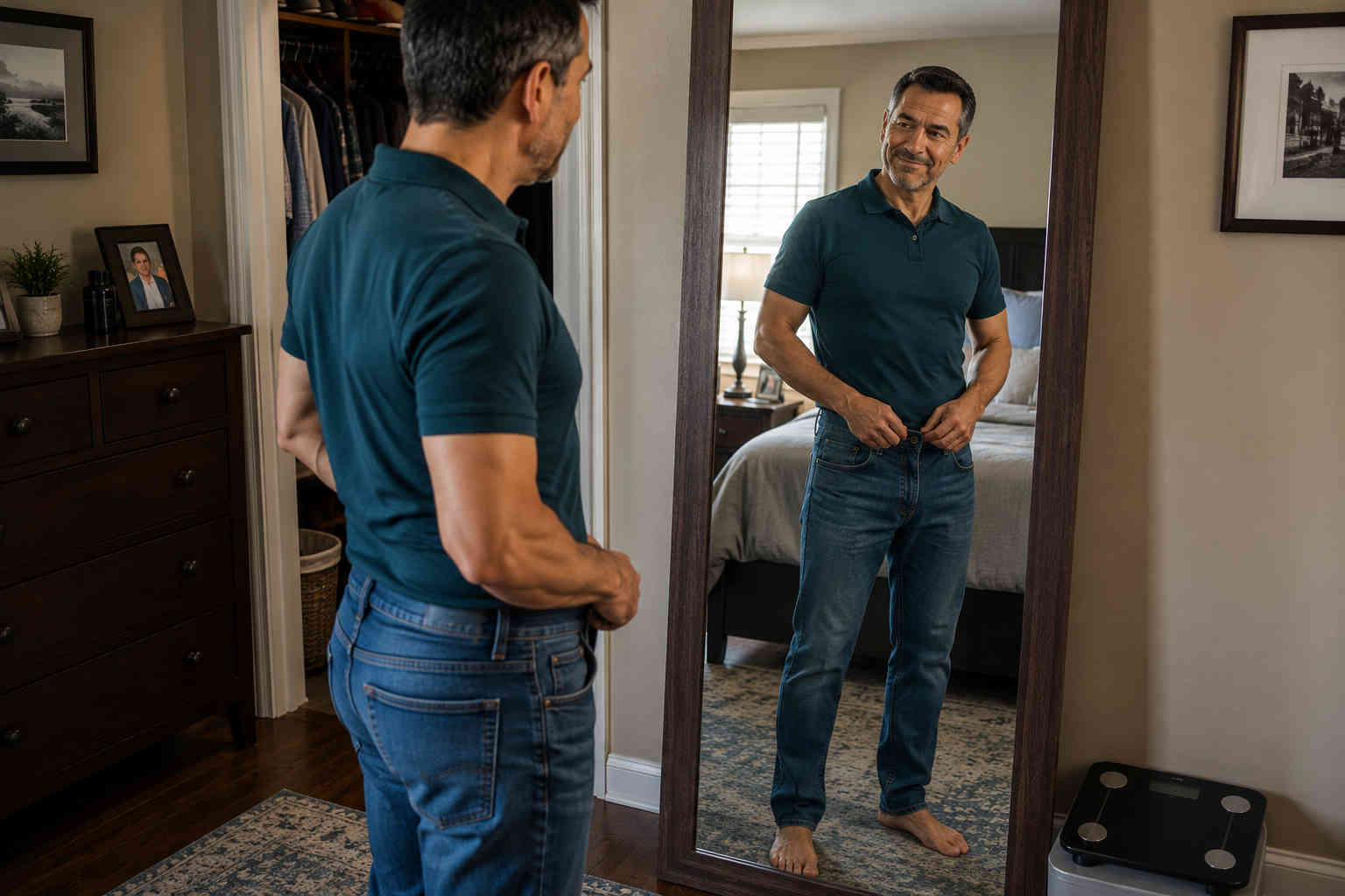 Middle-aged man noticing that his jeans fit more loosely while checking his reflection instead of focusing only on the scale