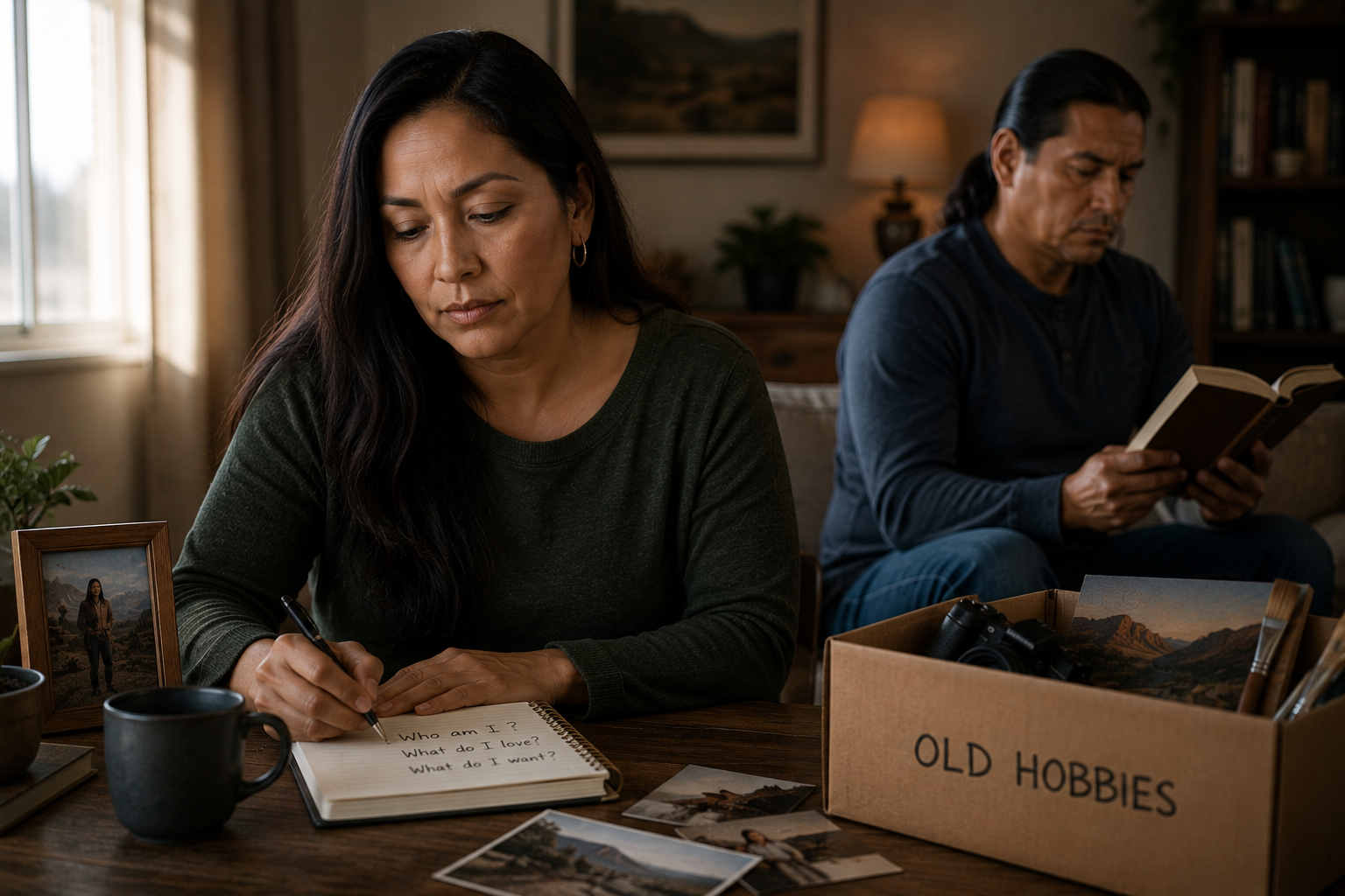 A woman reflecting in a notebook beside a box of old hobbies, symbolizing loss of identity in a controlling relationship