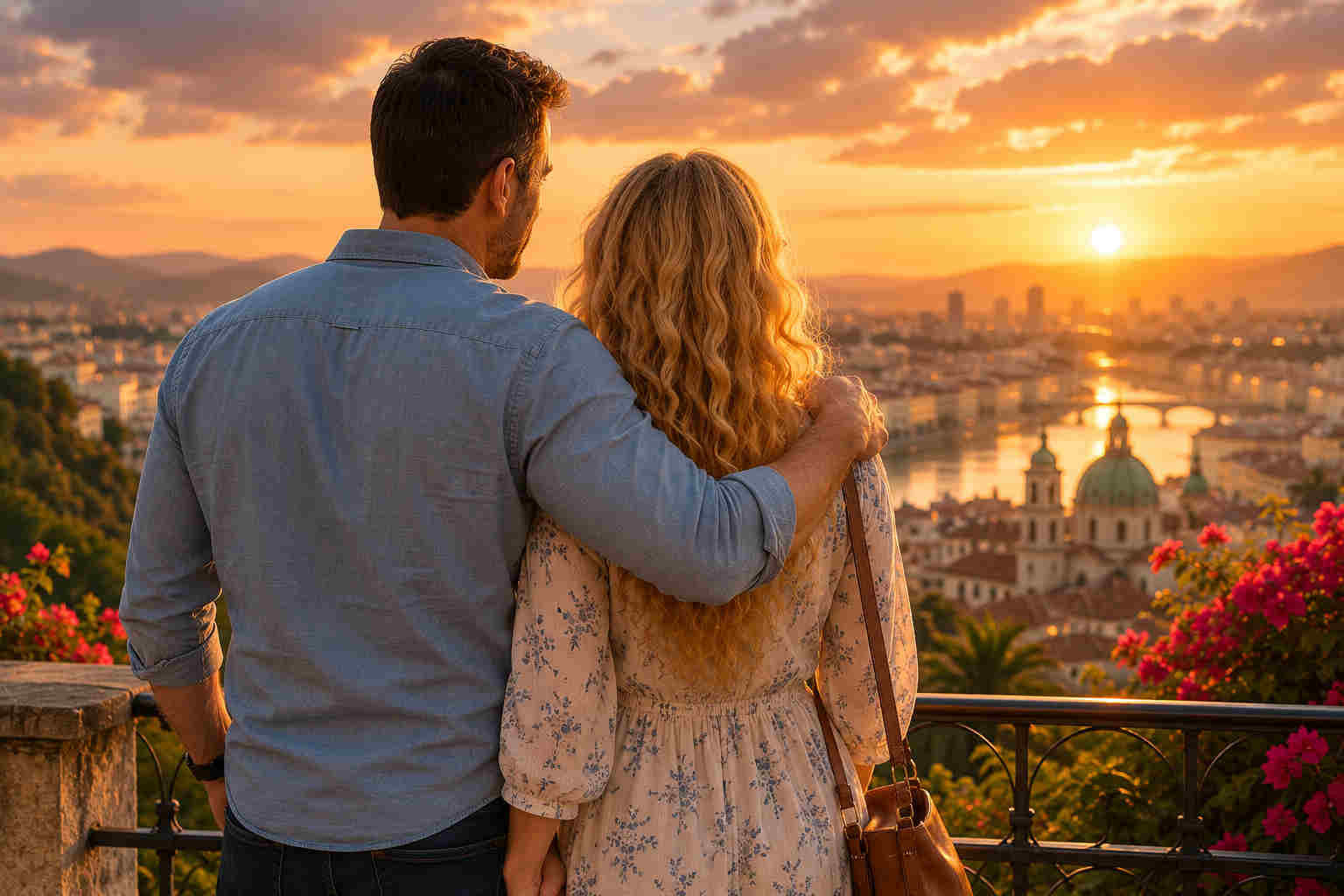 Cross-cultural couple standing together at sunset and looking toward a city and their future