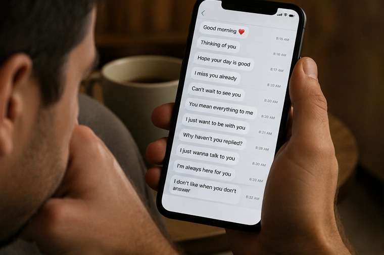 A divorced man looking at a phone filled with overwhelming affectionate text messages