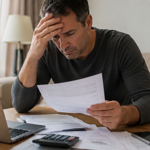 A divorced man stressed while reviewing financial papers after relationship pressure