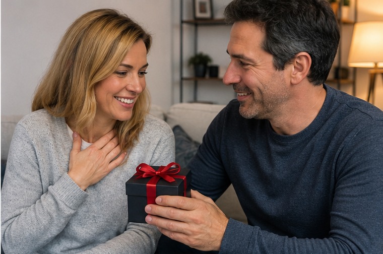 A man giving an early romantic gift to a woman during a new relationship