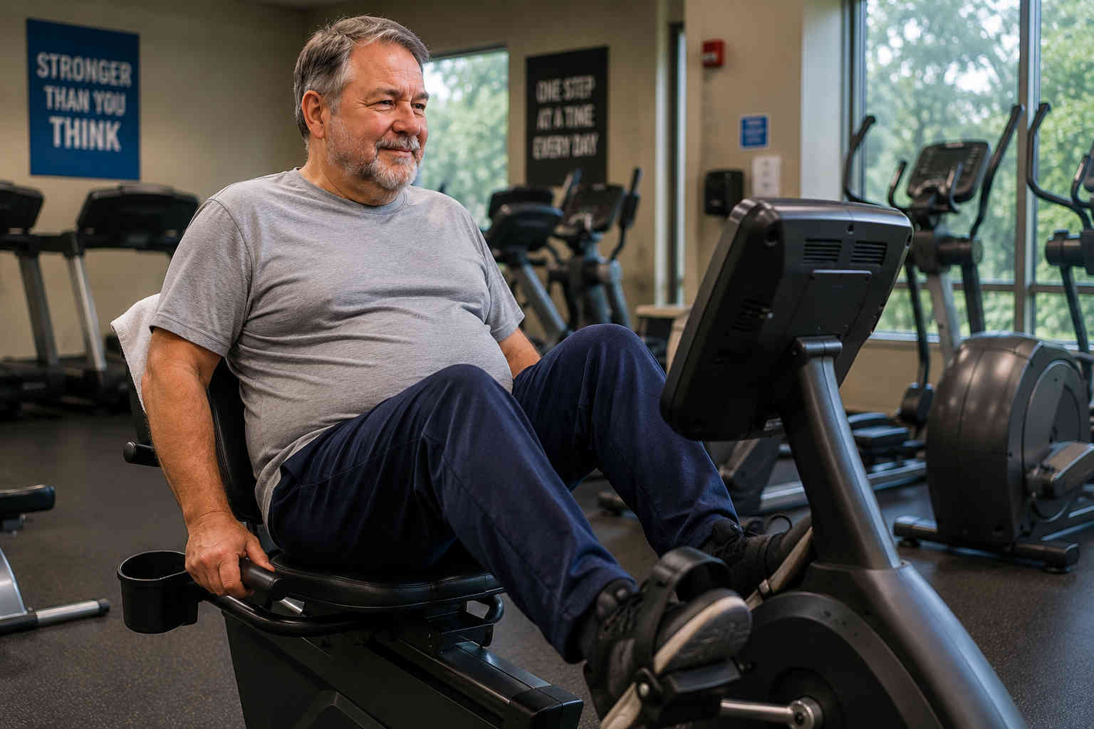Overweight older man using a recumbent exercise bike for lower-impact cardio