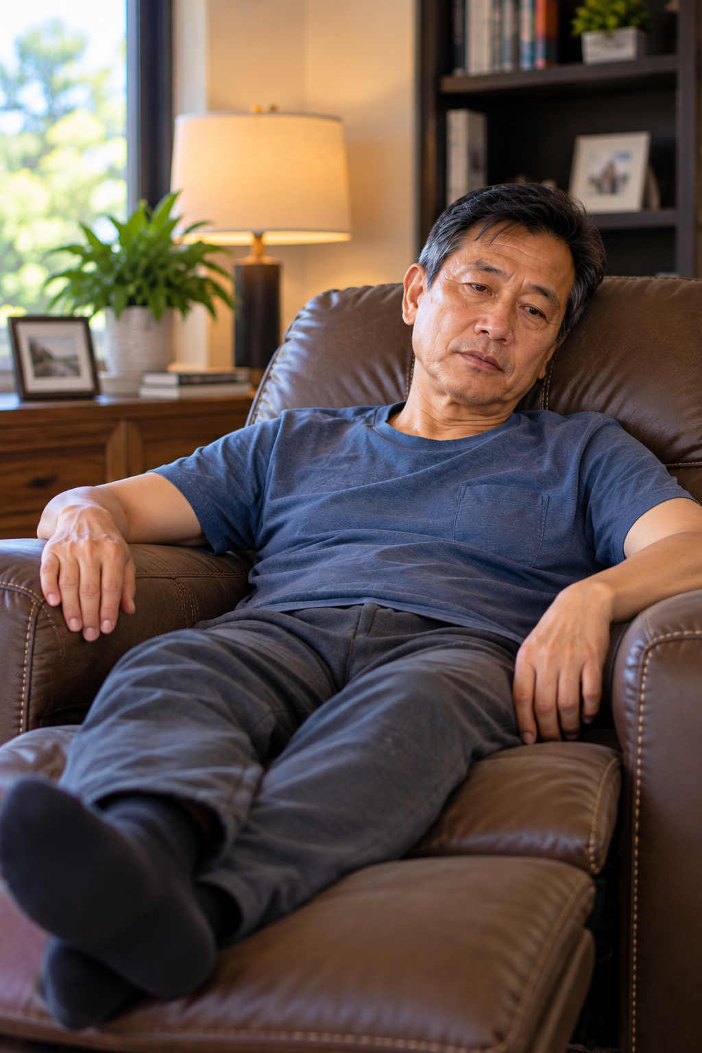 Tired man over 50 resting in a leather recliner