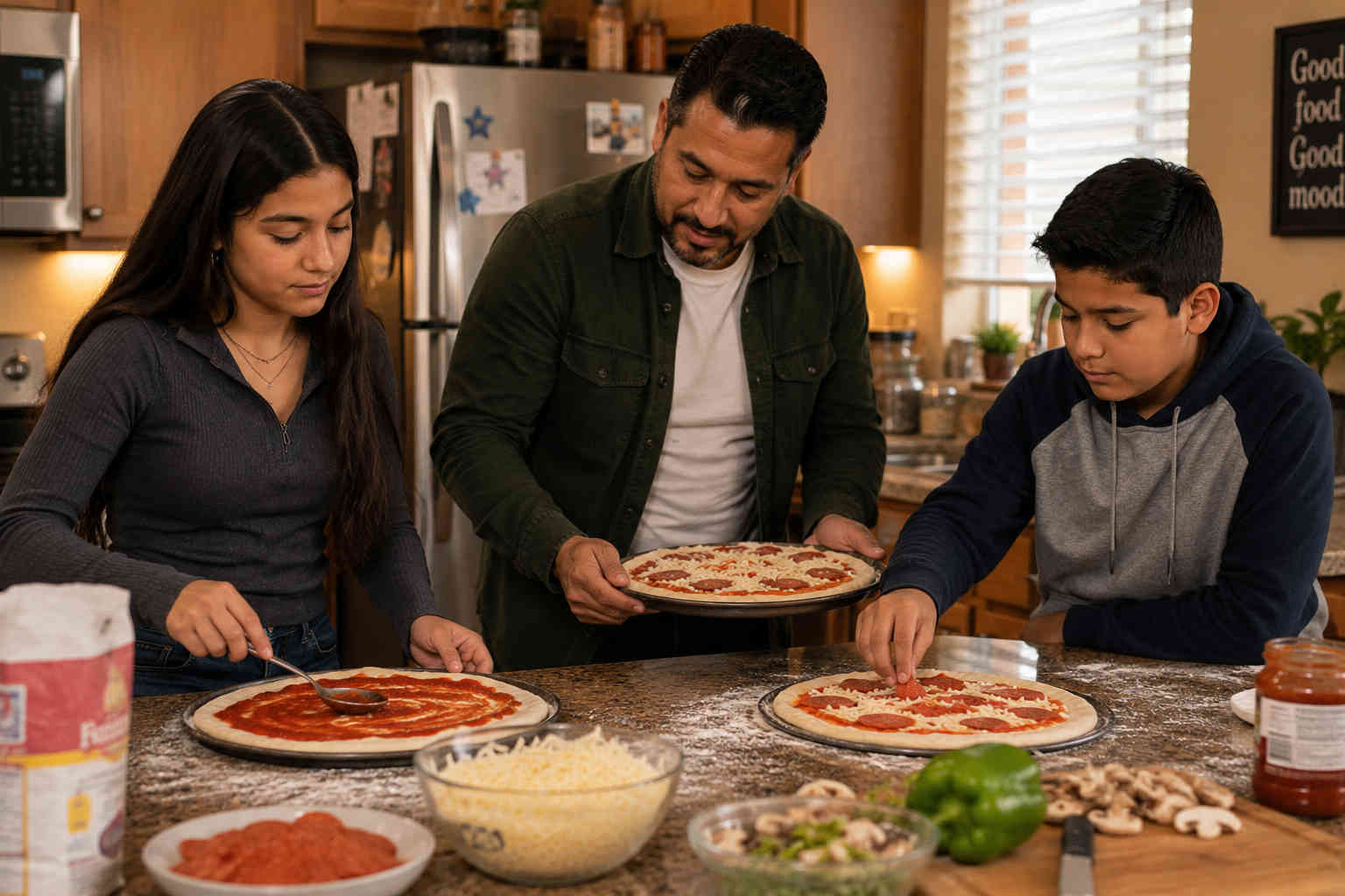 Divorced father and his teenage daughter and son preparing homemade pizzas together in the kitchen
