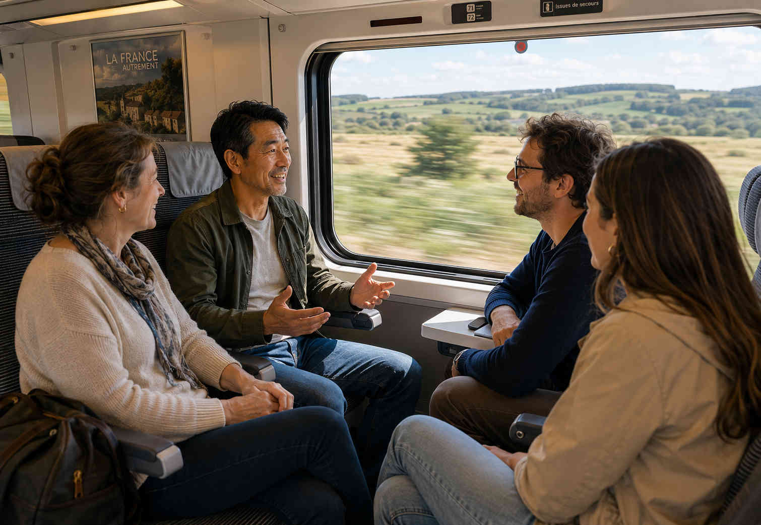 Solo traveler enjoying a friendly conversation with three other passengers on a French train as countryside passes the window