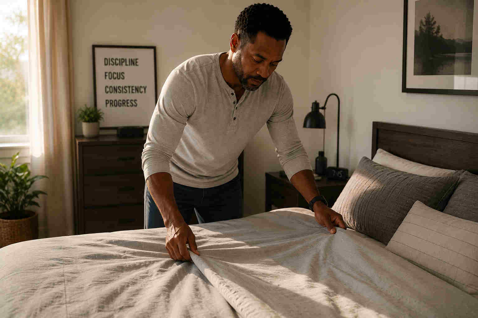 A man making his bed in a clean modern bedroom in the morning