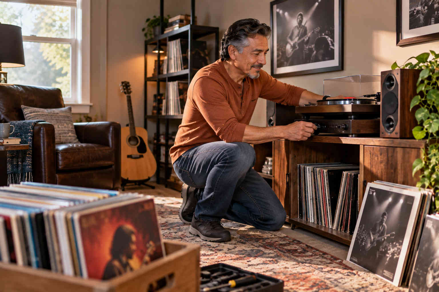 Divorced man setting up a turntable and record collection in his own listening room
