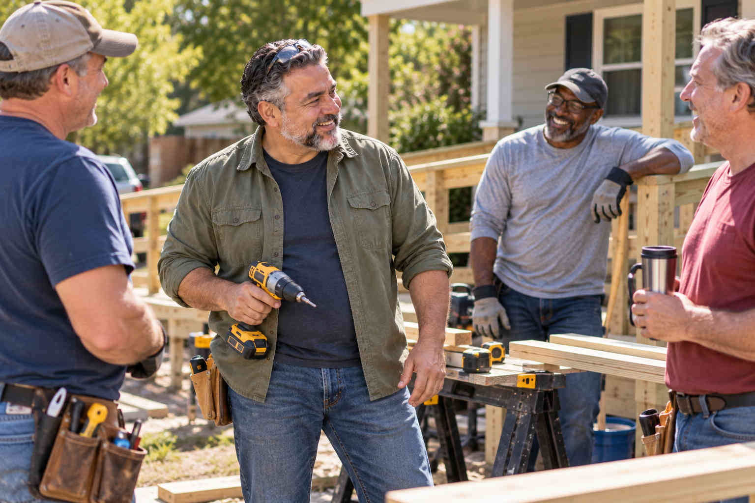 Divorced man volunteering with other men while holding a drill and laughing with the group