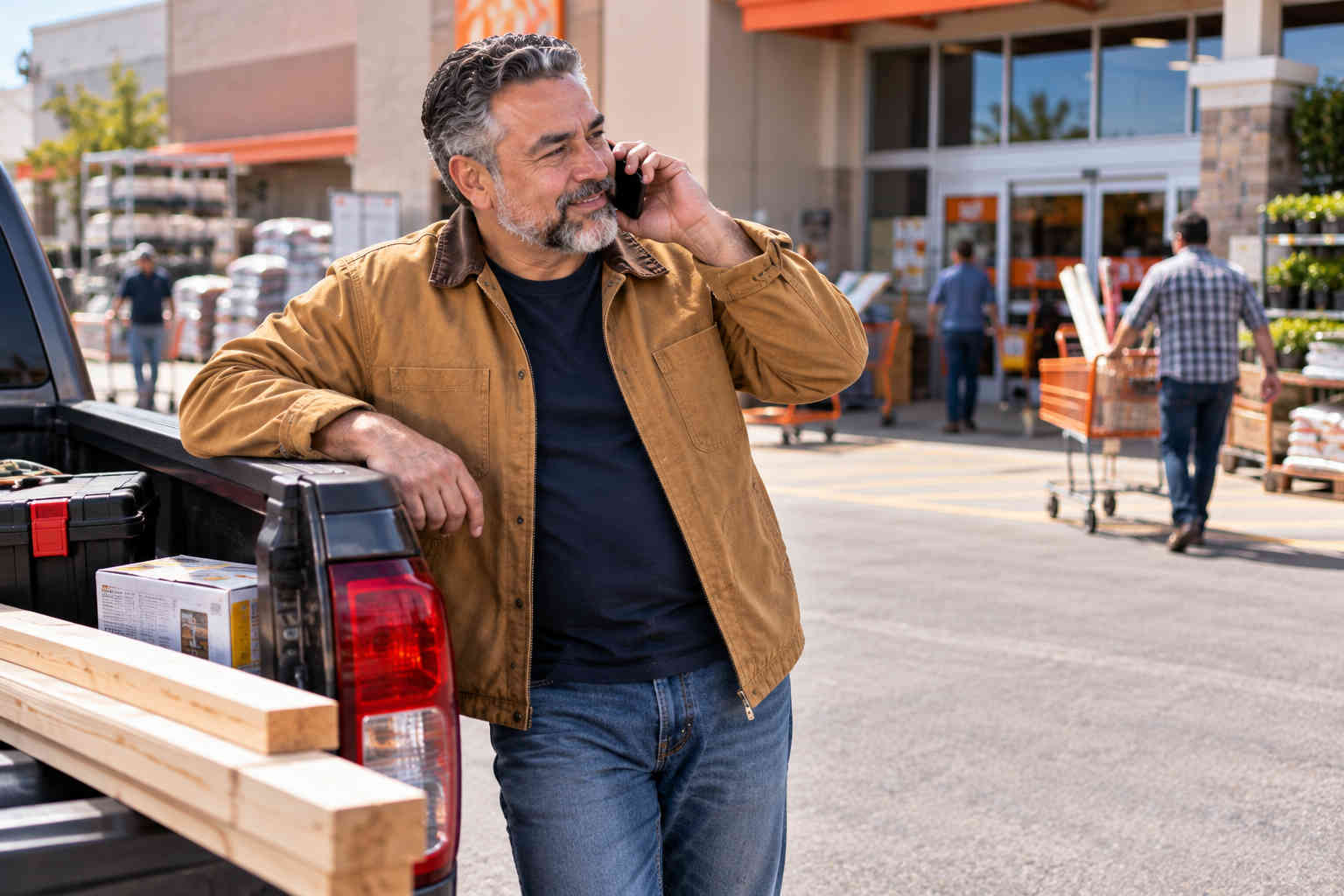 Divorced man calling a friend after buying supplies for a weekend project