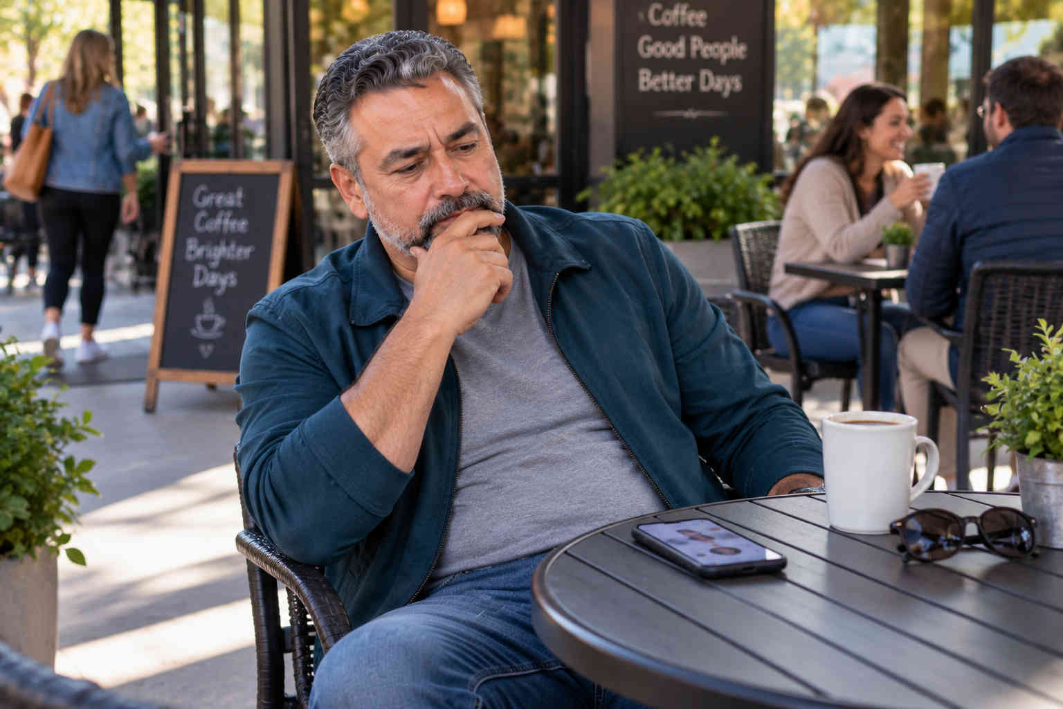 Divorced man looking uncertain while checking a dating app at an outdoor coffee shop