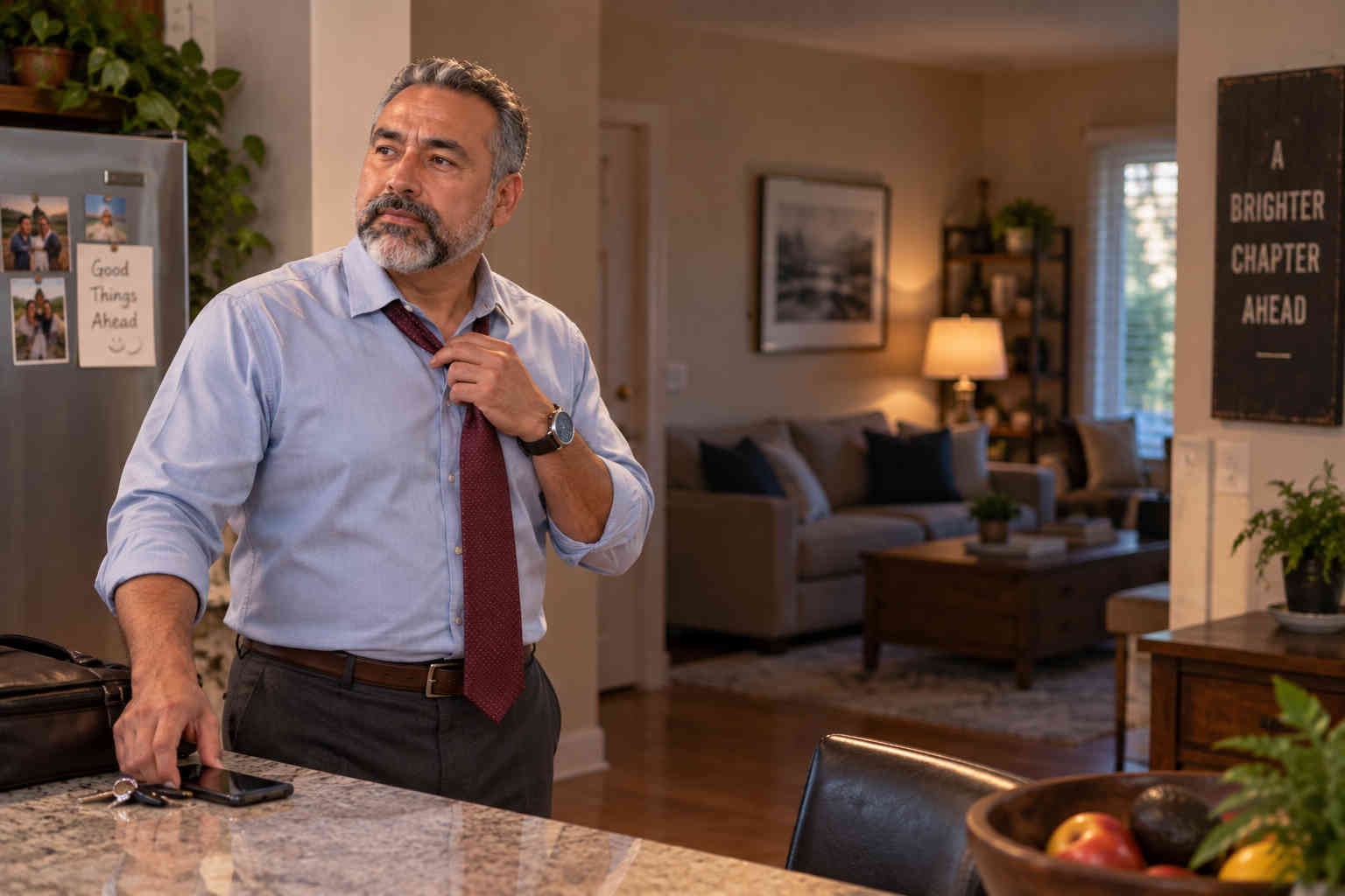 Divorced man coming home from work to a quiet empty house