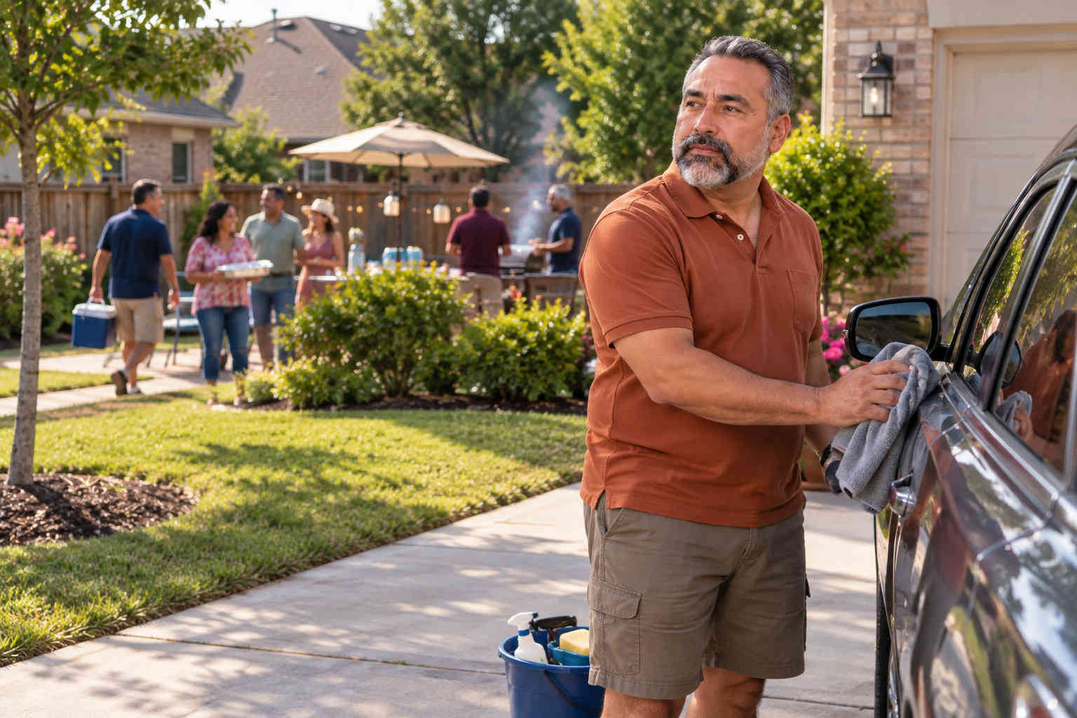 Divorced man washing his car while noticing neighbors gathering for a cookout