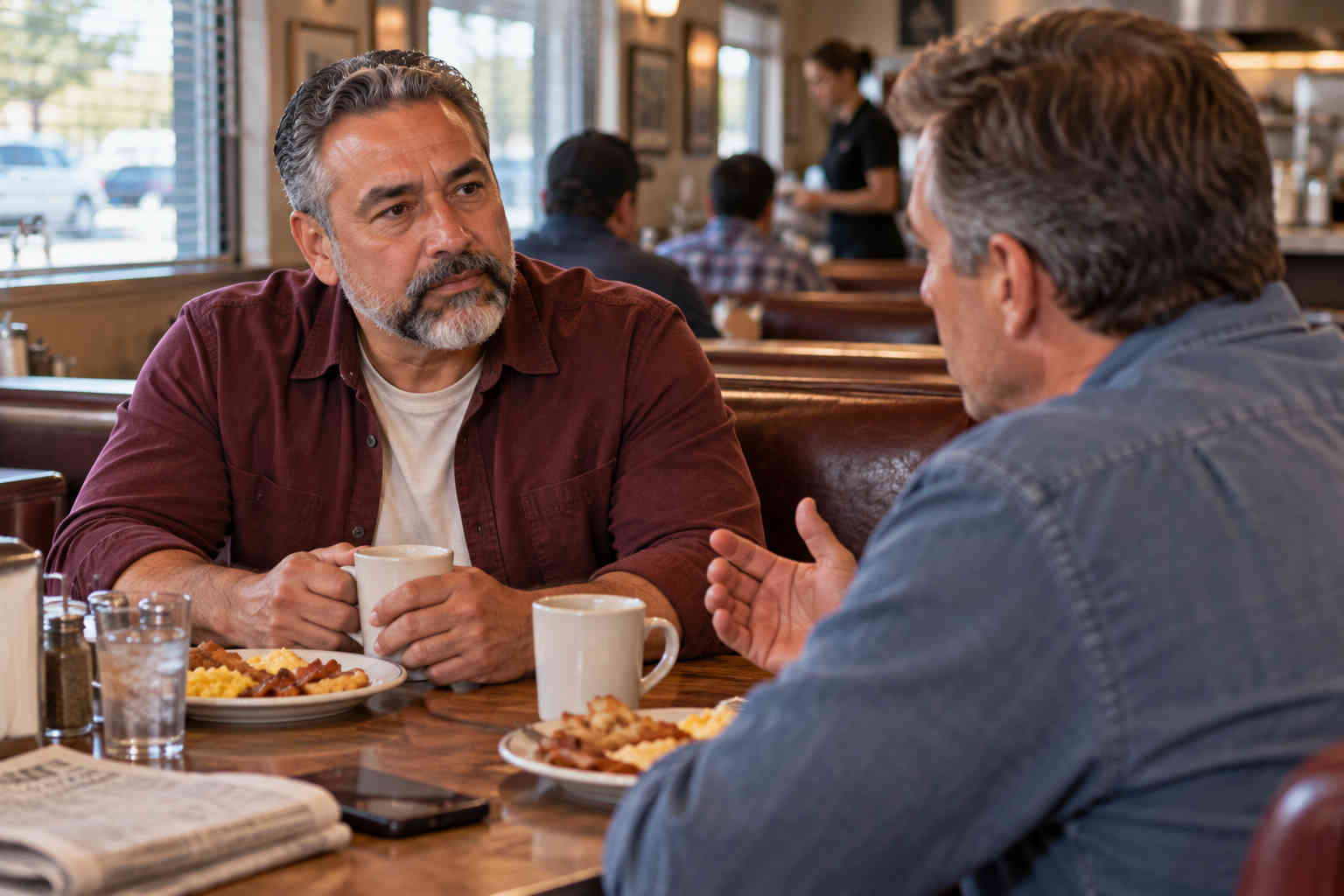 Divorced man opening up honestly to a trusted friend over breakfast