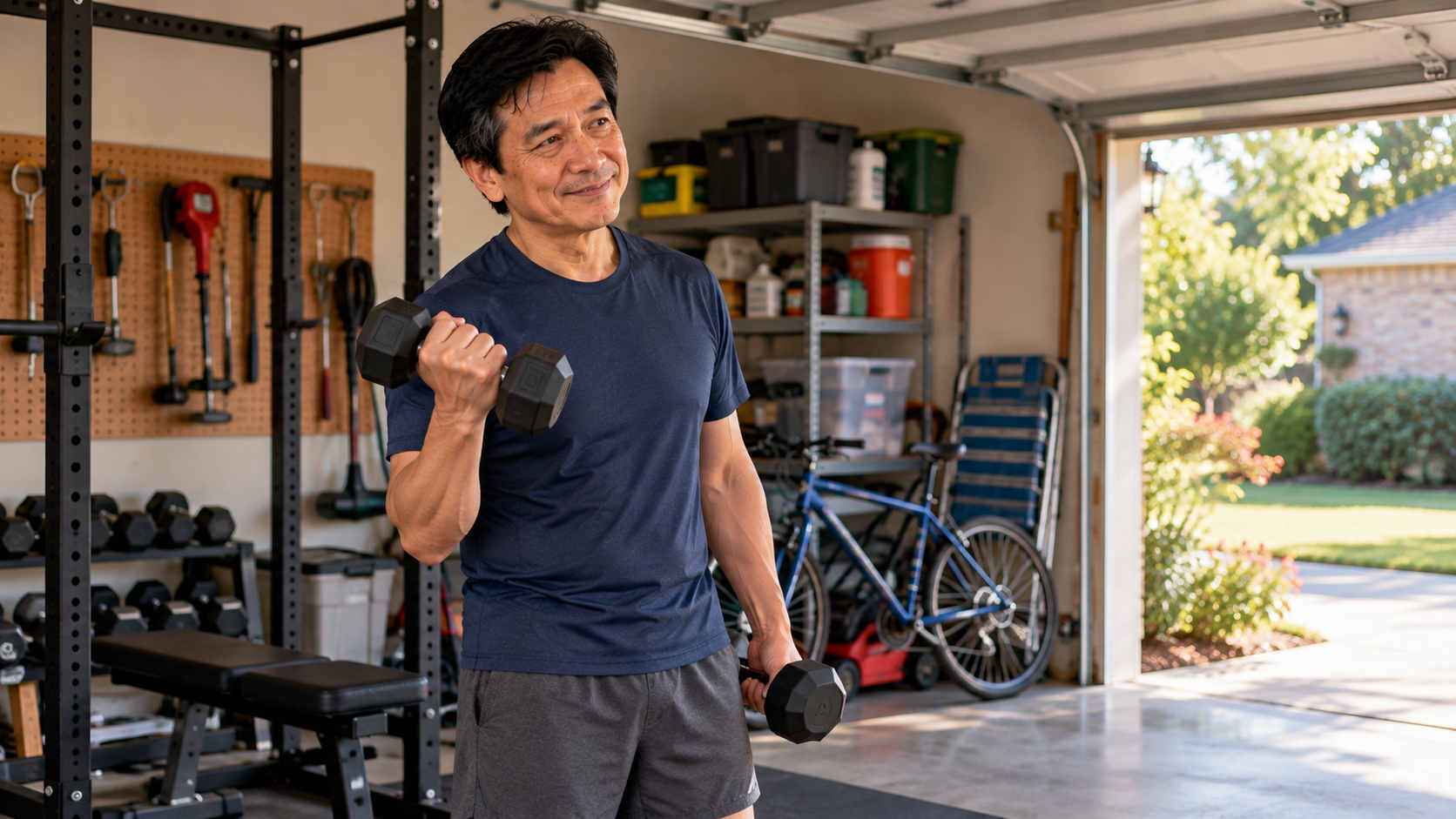 Man over 50 performing a dumbbell curl in his home garage gym