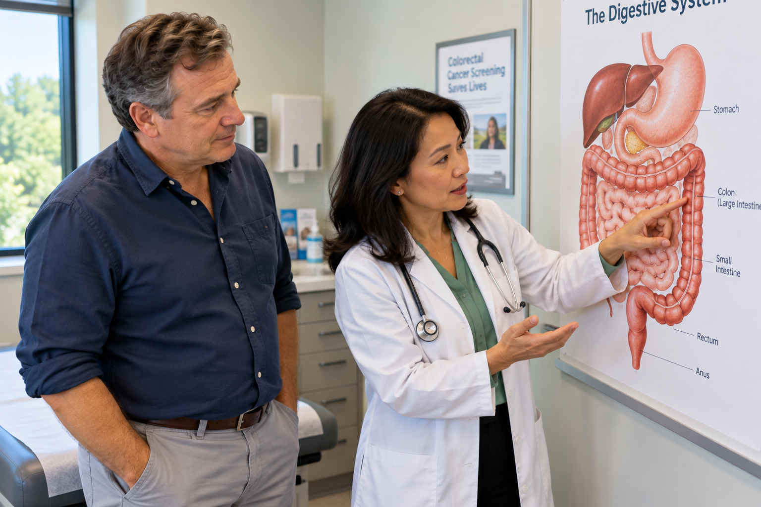 David discussing colorectal cancer screening with a doctor pointing at a digestive-system chart