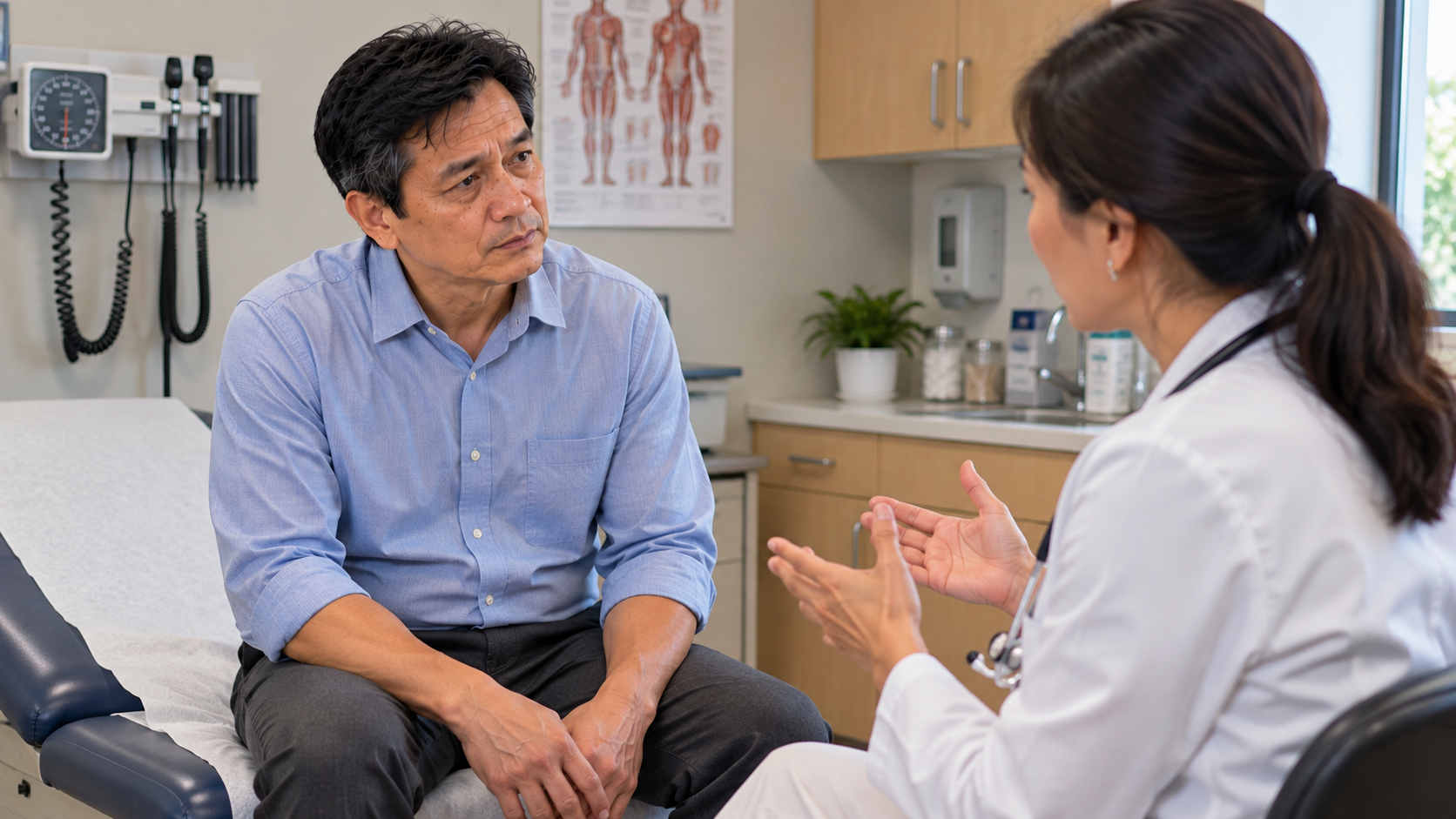 Man over 50 talking with a female physician about fatigue and low testosterone symptoms