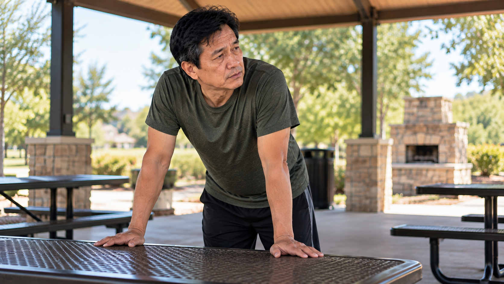 Man over 50 resting at a park pavilion after a walk