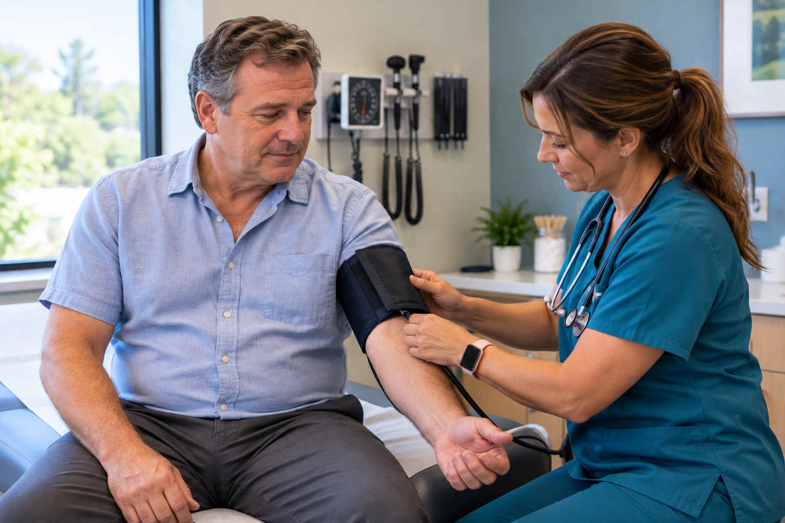 David having his blood pressure checked by a nurse during a preventive health visit