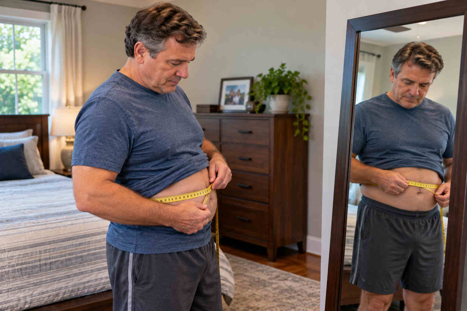 David measuring his waist in front of a bedroom mirror