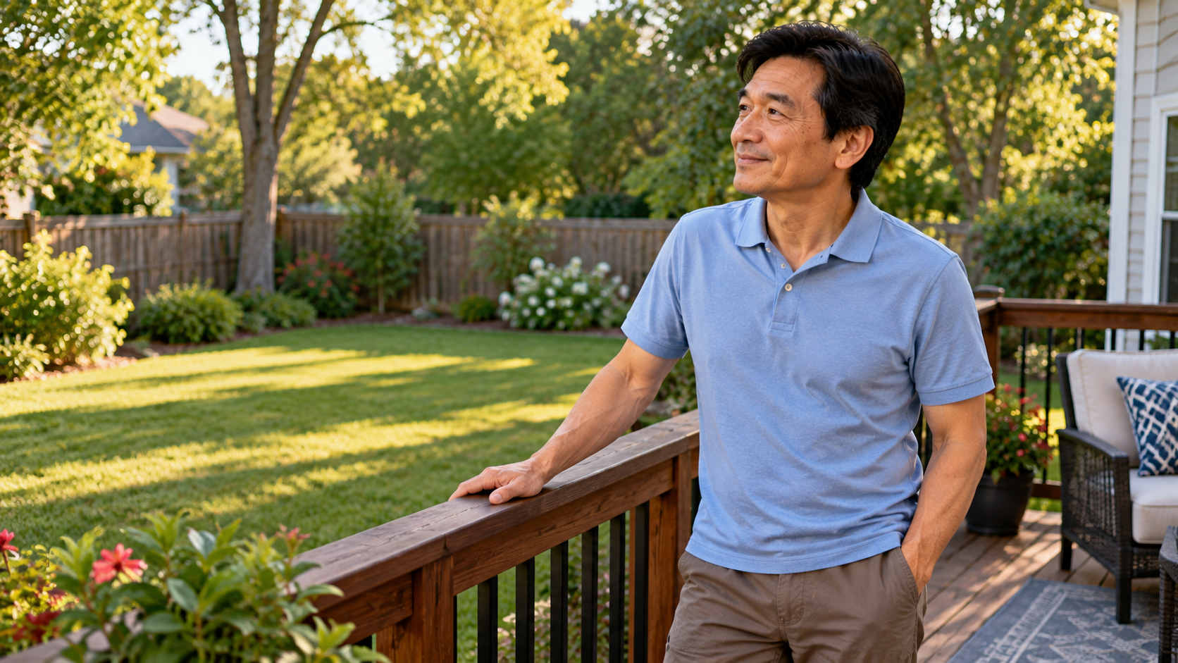 Man over 50 smiling confidently on the deck overlooking his backyard