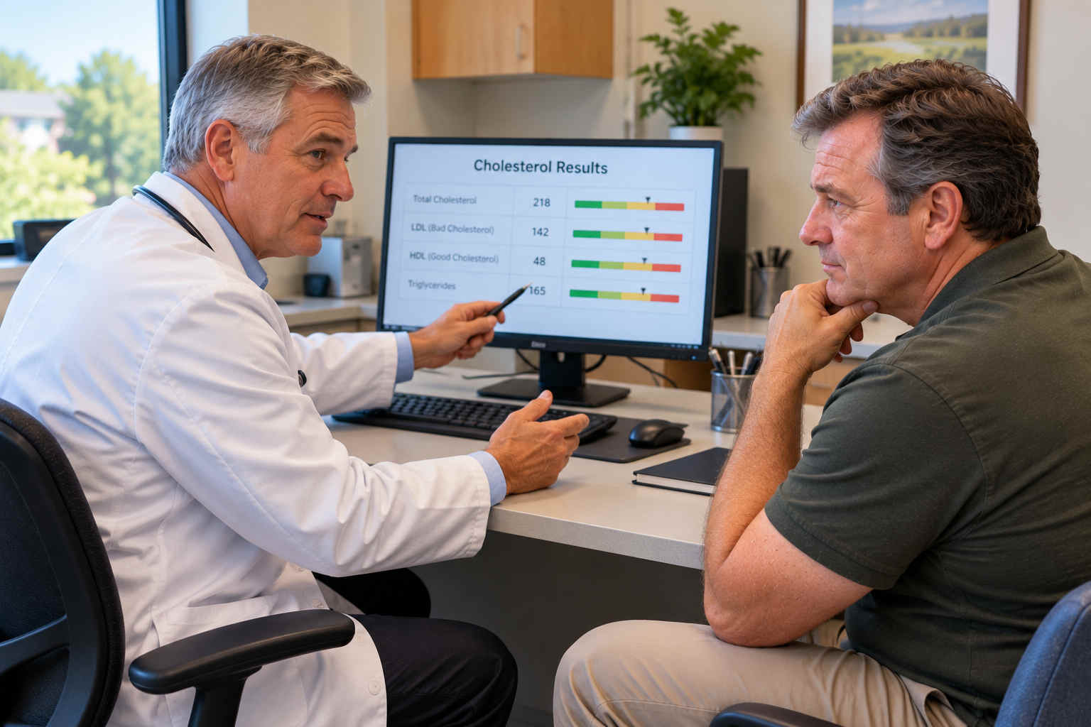 David reviewing cholesterol results on a computer with his physician