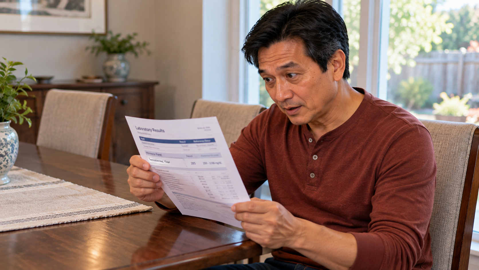 Man over 50 reviewing testosterone blood test results at home