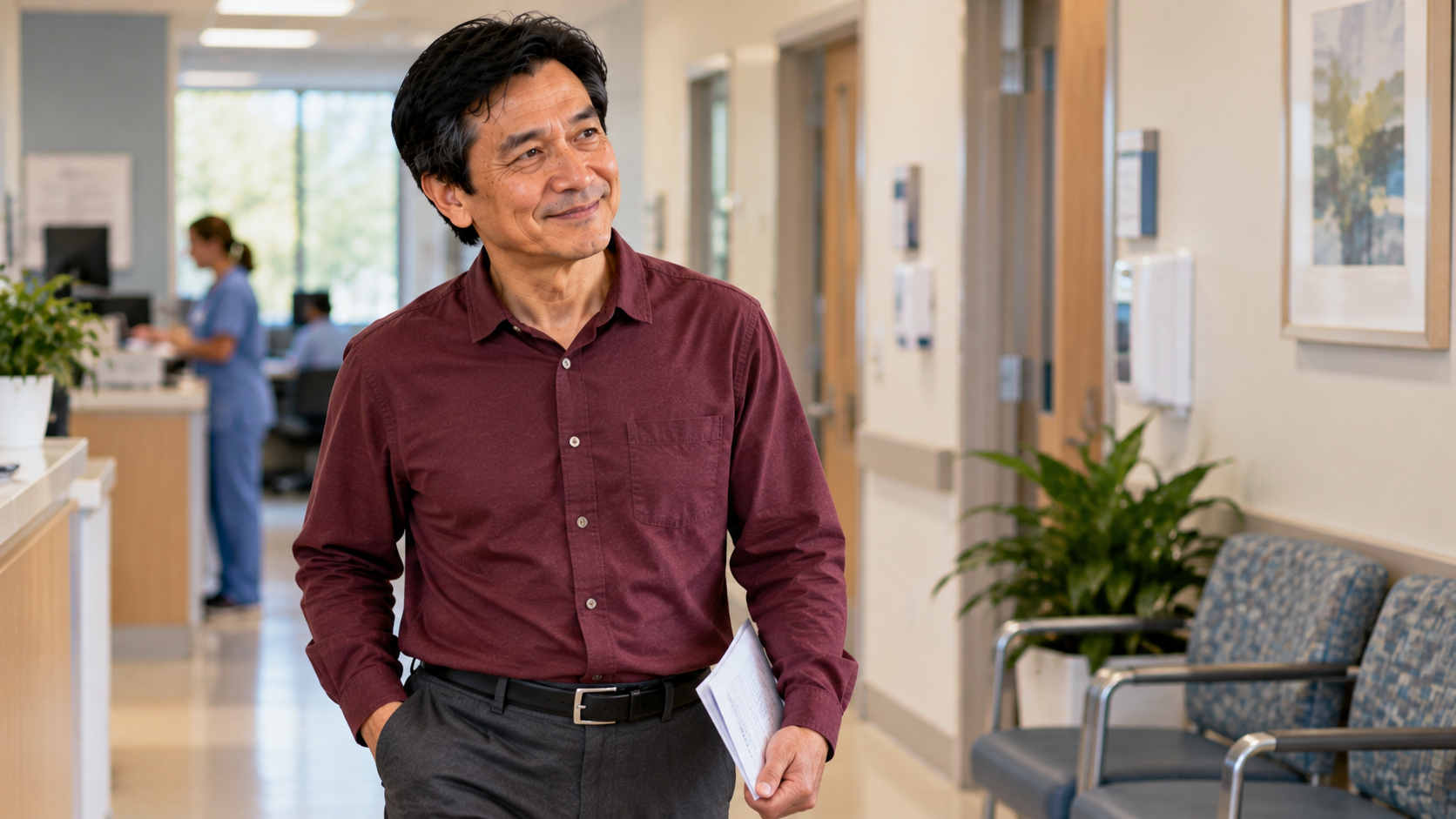 Man over 50 leaving a medical appointment after taking steps to understand his testosterone health