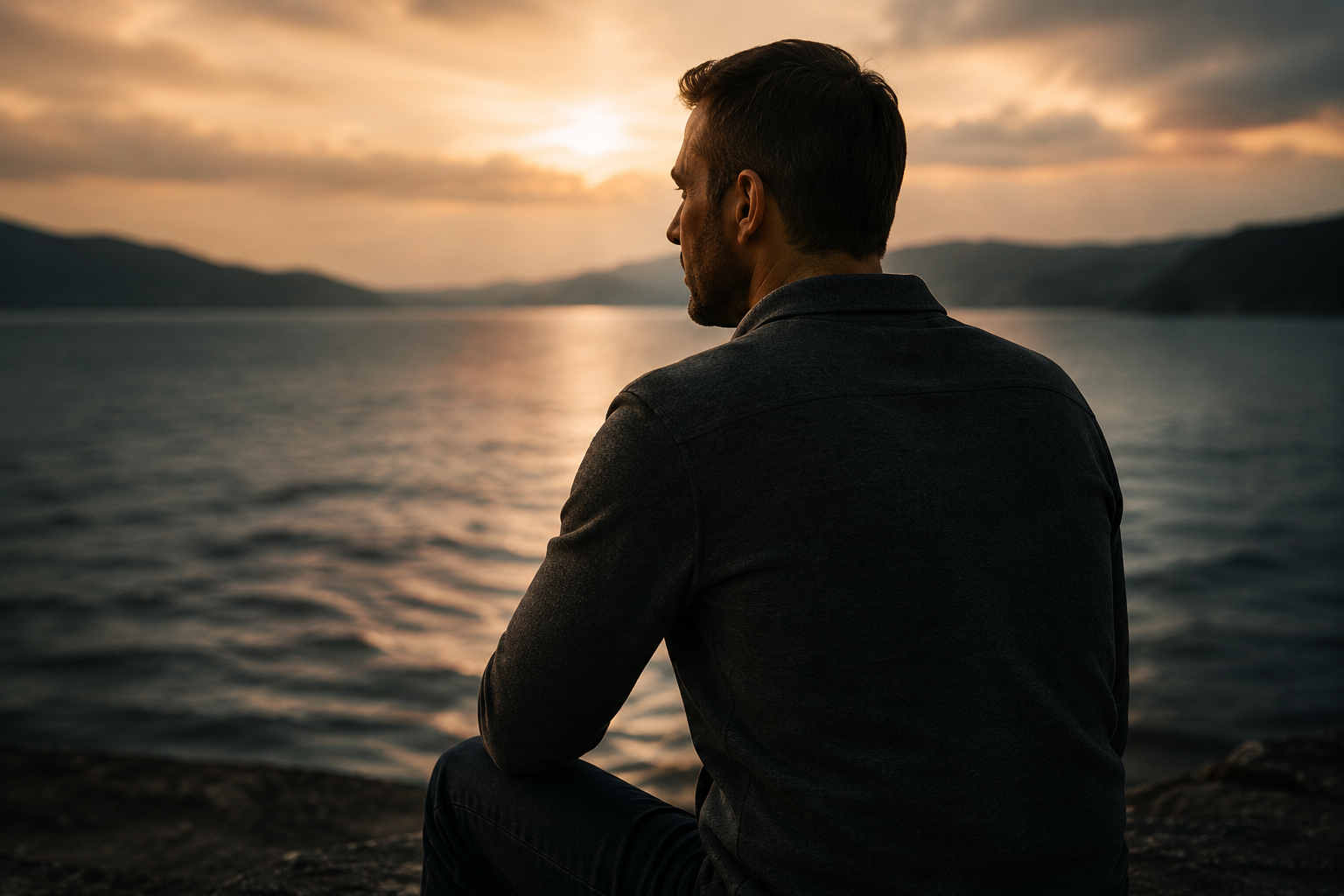 Man sitting by a lake at sunset