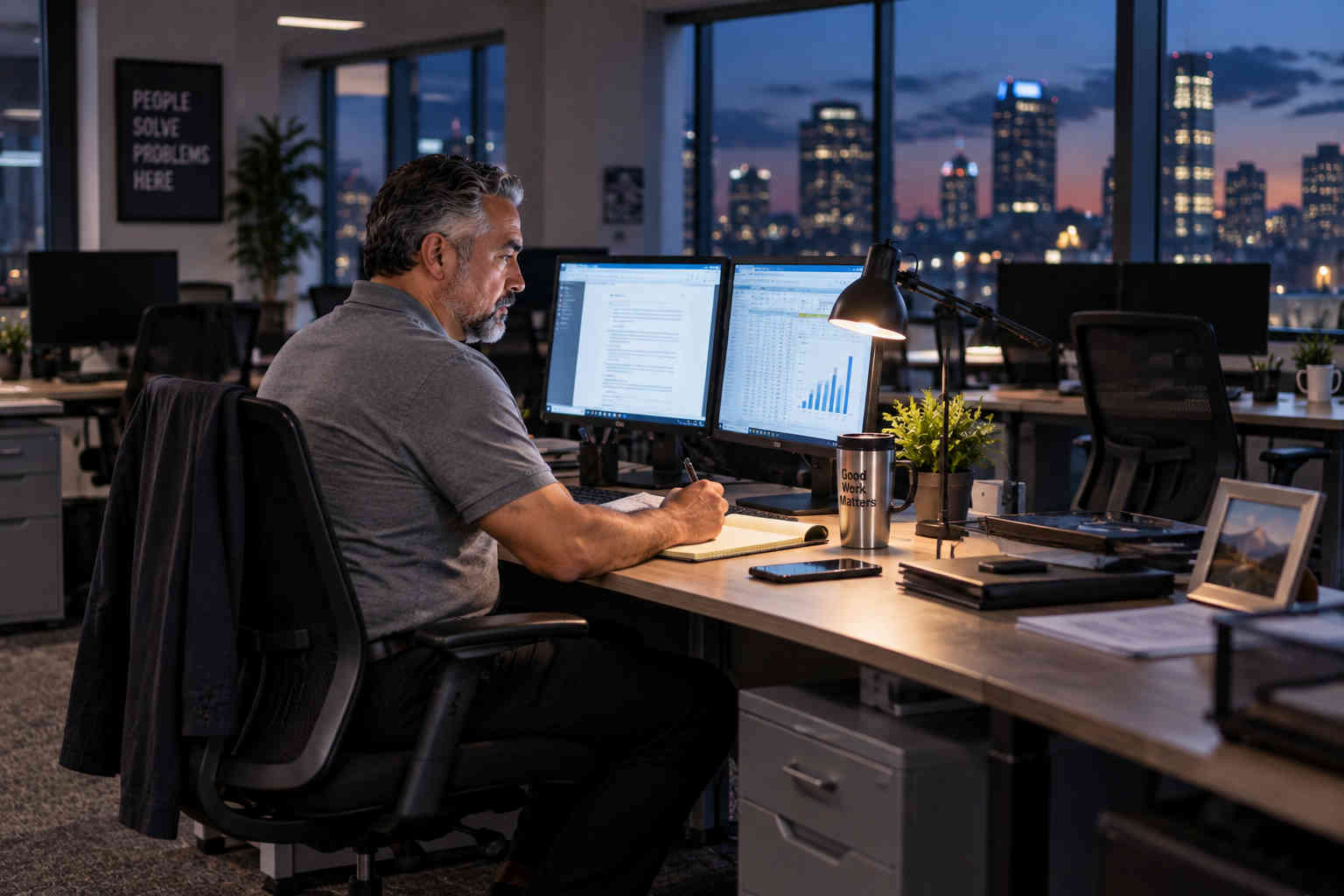 Divorced man working alone in an office after everyone else has gone home