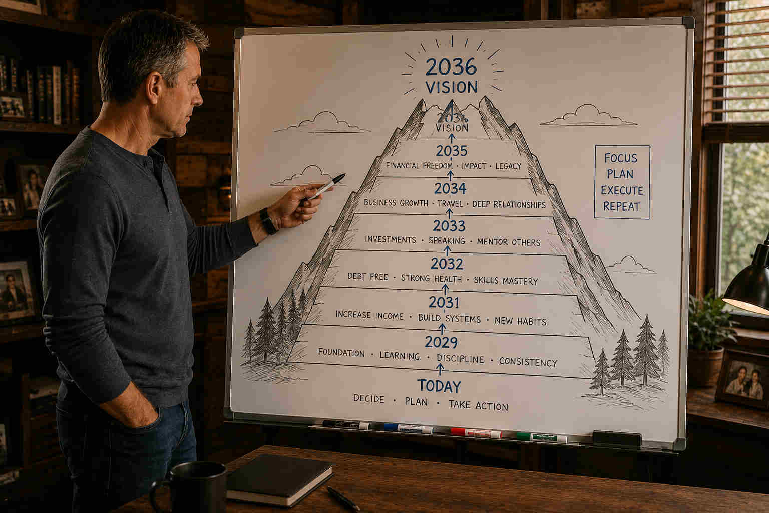 Man mapping a mountain-shaped ten-year roadmap on a whiteboard with yearly milestones leading toward a 2036 vision
