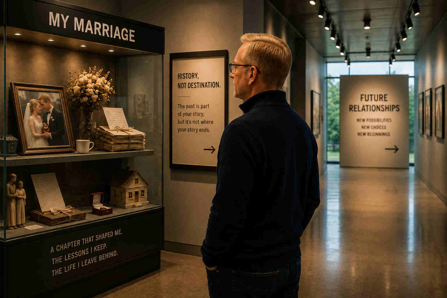 Blond divorced man viewing a museum exhibit labeled My Marriage and a future relationships sign ahead