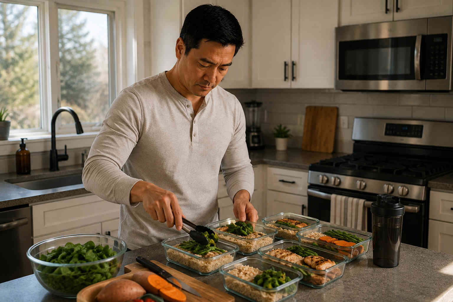 Man preparing several healthy meals in reusable containers in a bright kitchen