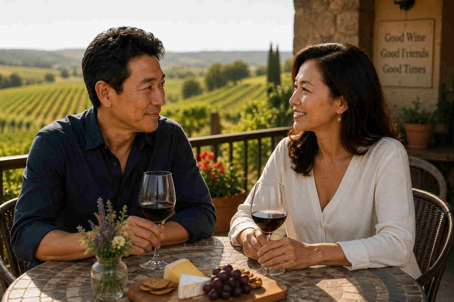 Asian couple over 50 having a meaningful conversation on a winery patio