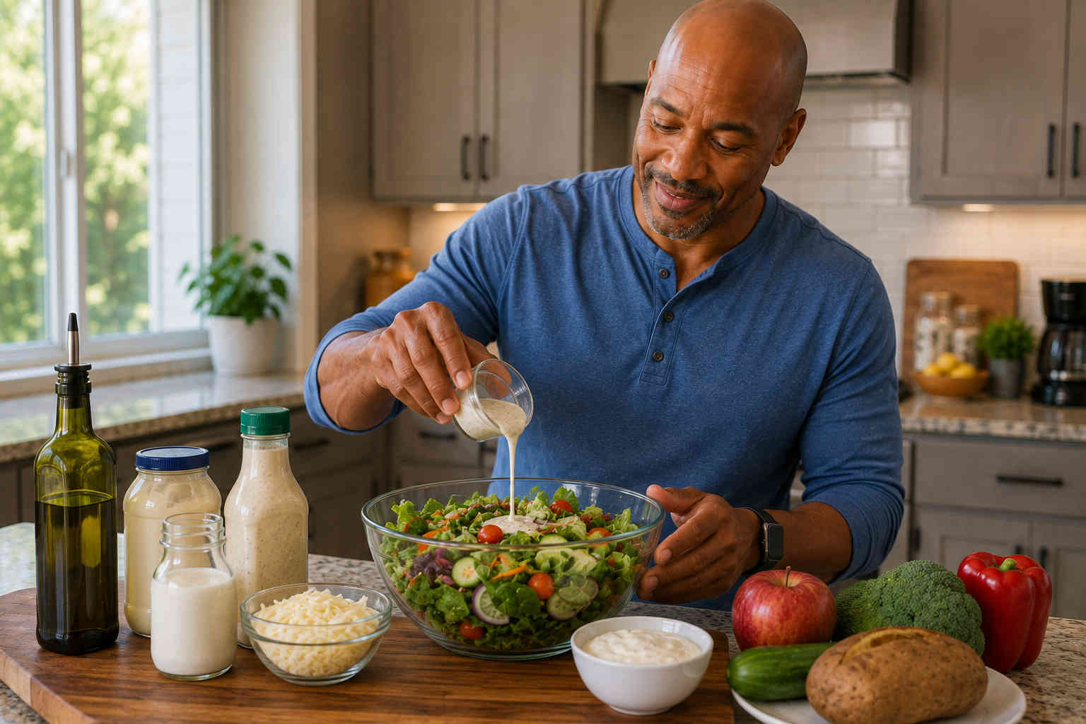 Man measuring a controlled amount of creamy salad dressing while preparing a large salad at home