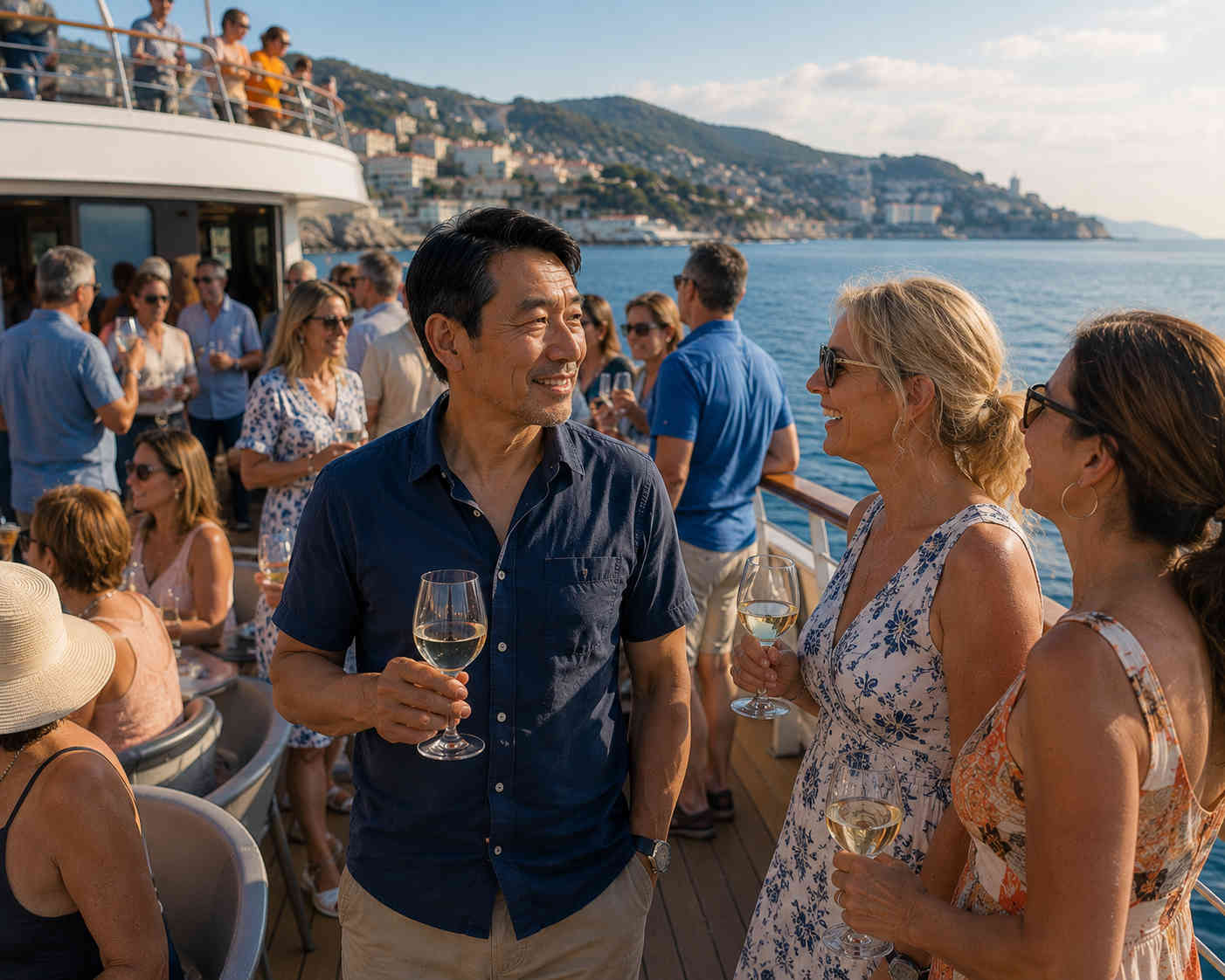 Solo male traveler holding a wine glass and talking with other guests on a Mediterranean sightseeing cruise offshore