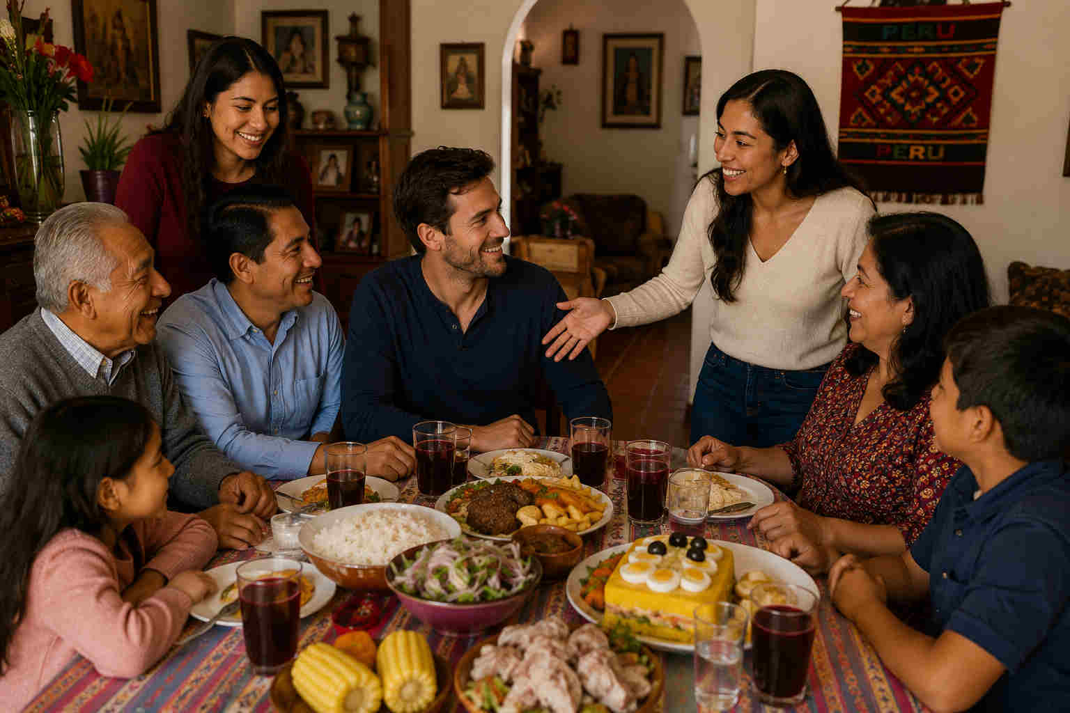 A foreign man being introduced to a multi-generational Peruvian family during Sunday lunch