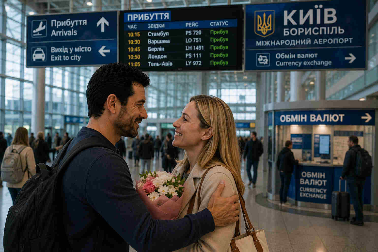 Man meeting a blonde woman at Kyiv airport with Cyrillic arrival signs
