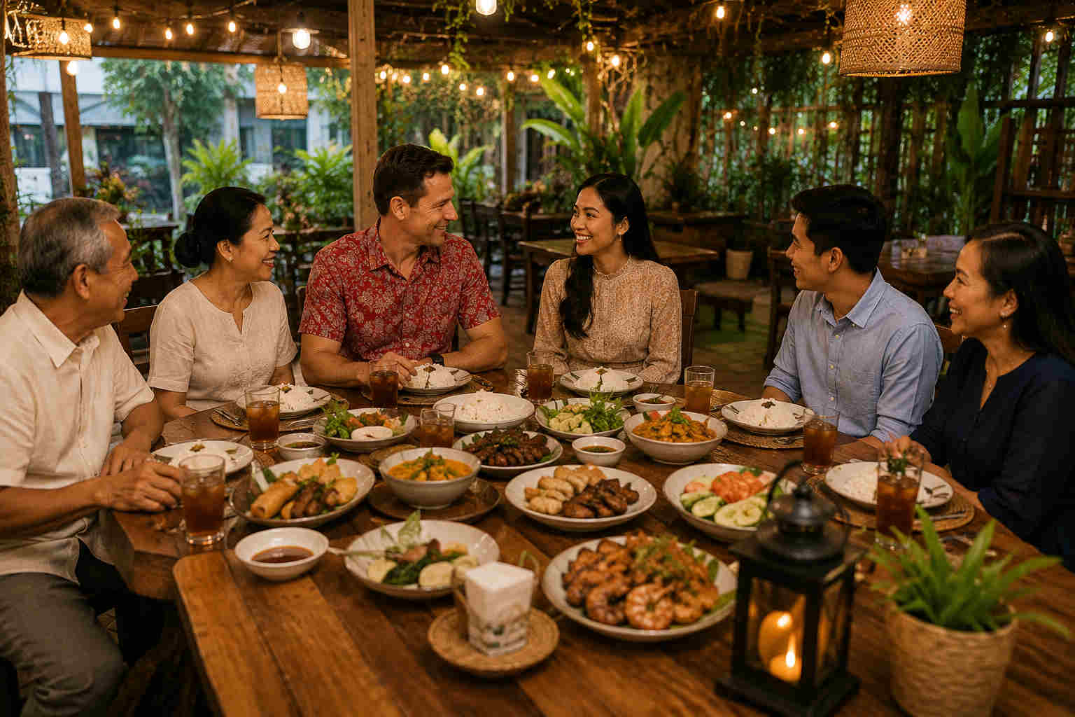 American man sharing dinner with a Filipino woman and her family at an outdoor restaurant