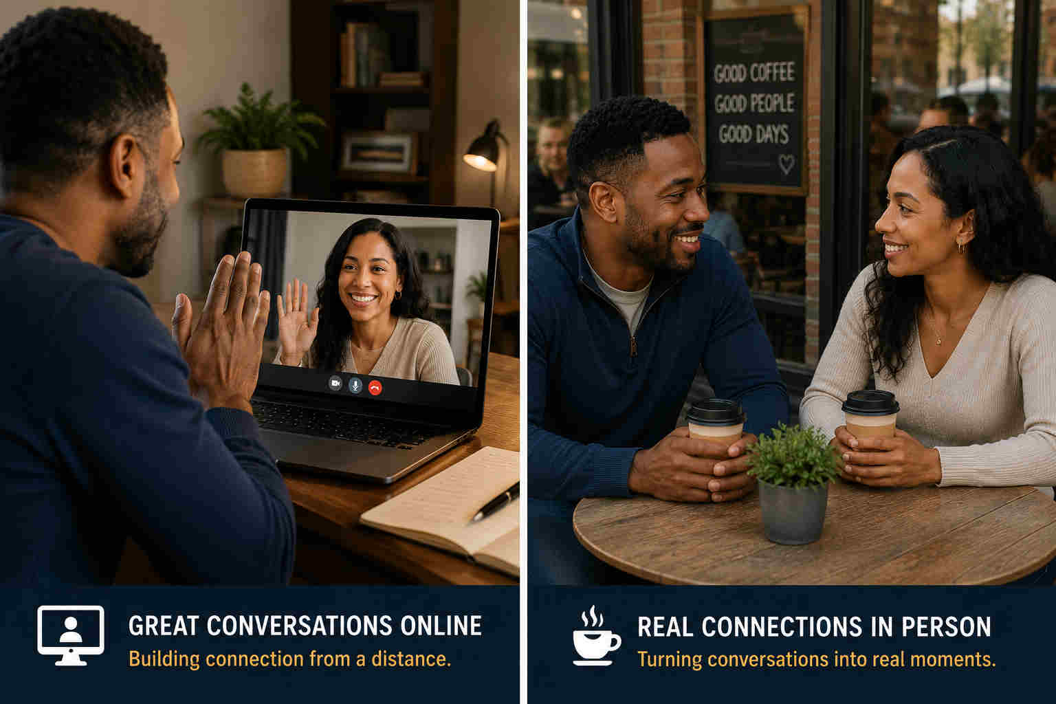 Split image showing a video call turning into an in-person coffee date