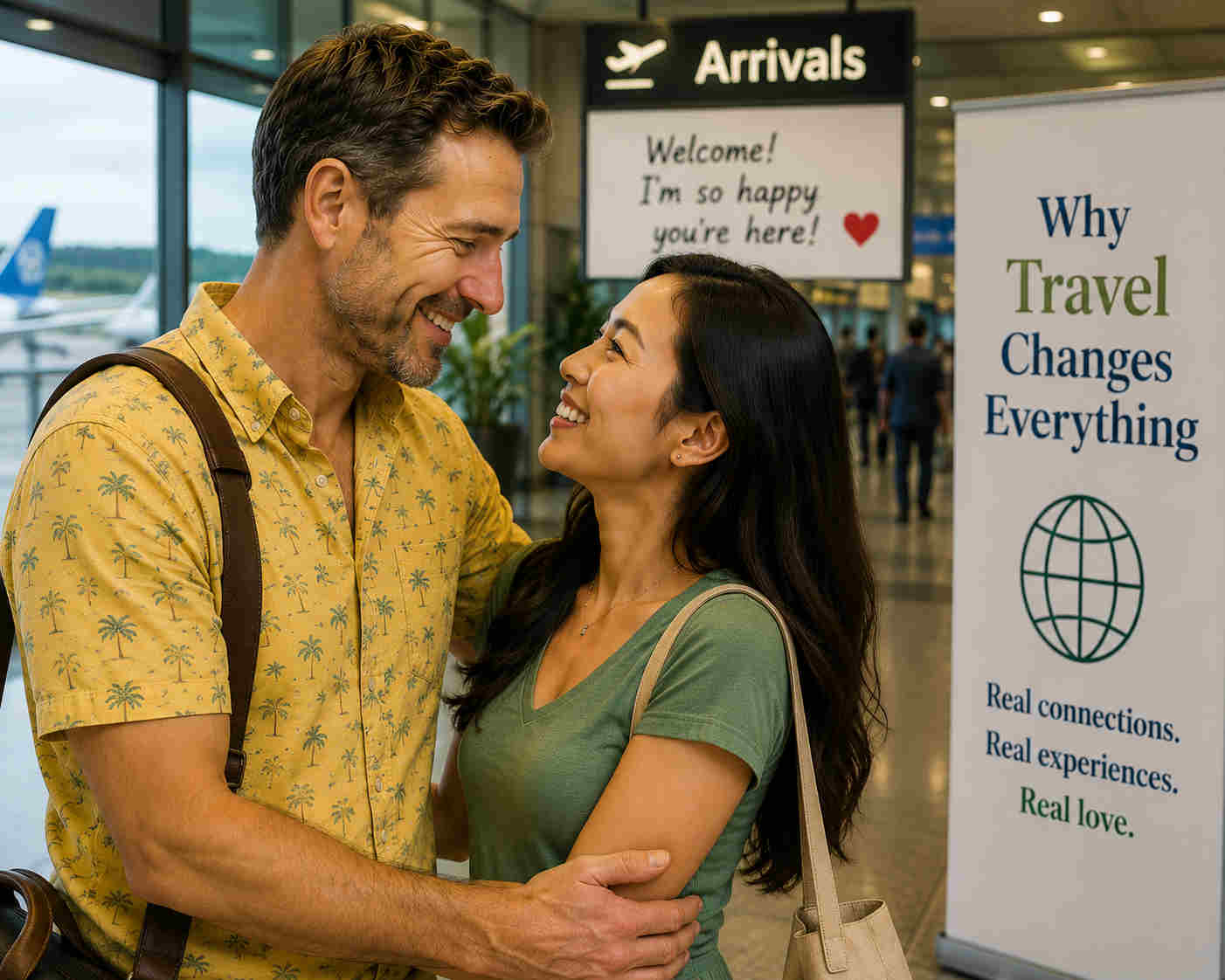 Couple meeting face to face at an airport after months of online communication