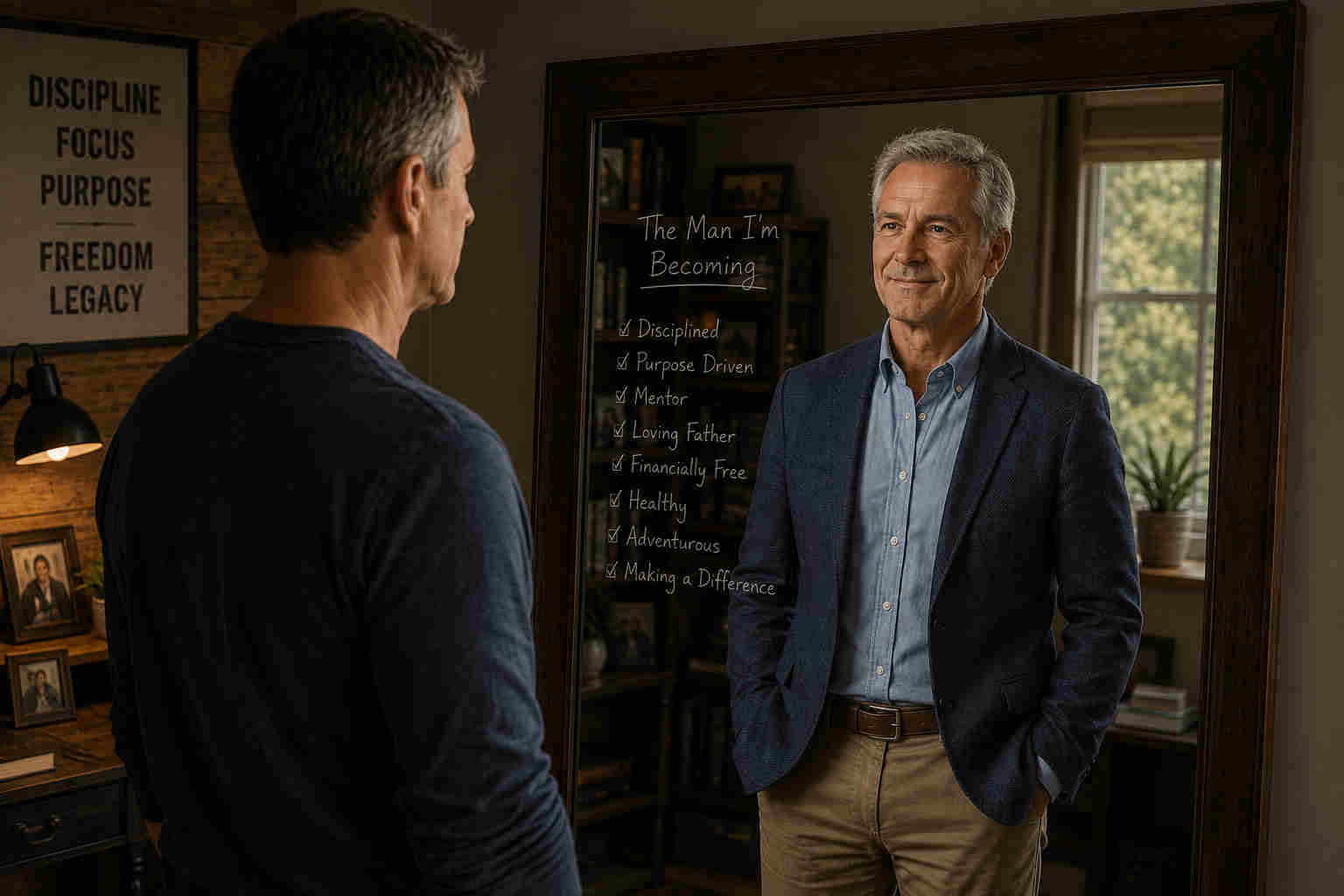 Man standing before a mirror that shows a calm and confident older version of himself