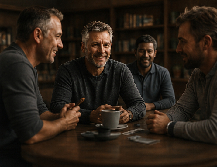 Men discussing financial recovery and support