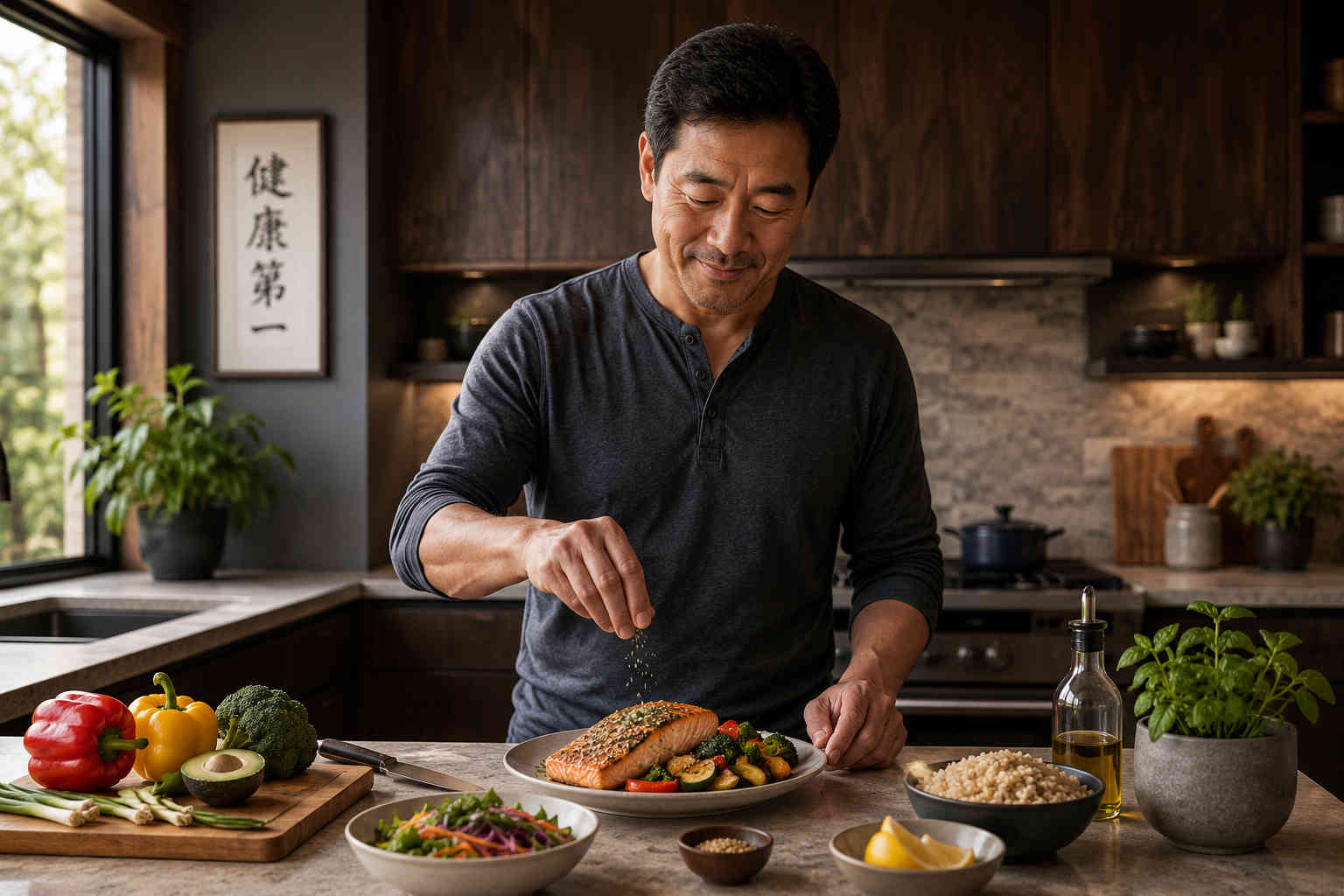 Japanese man preparing a balanced salmon and vegetable meal in a modern kitchen