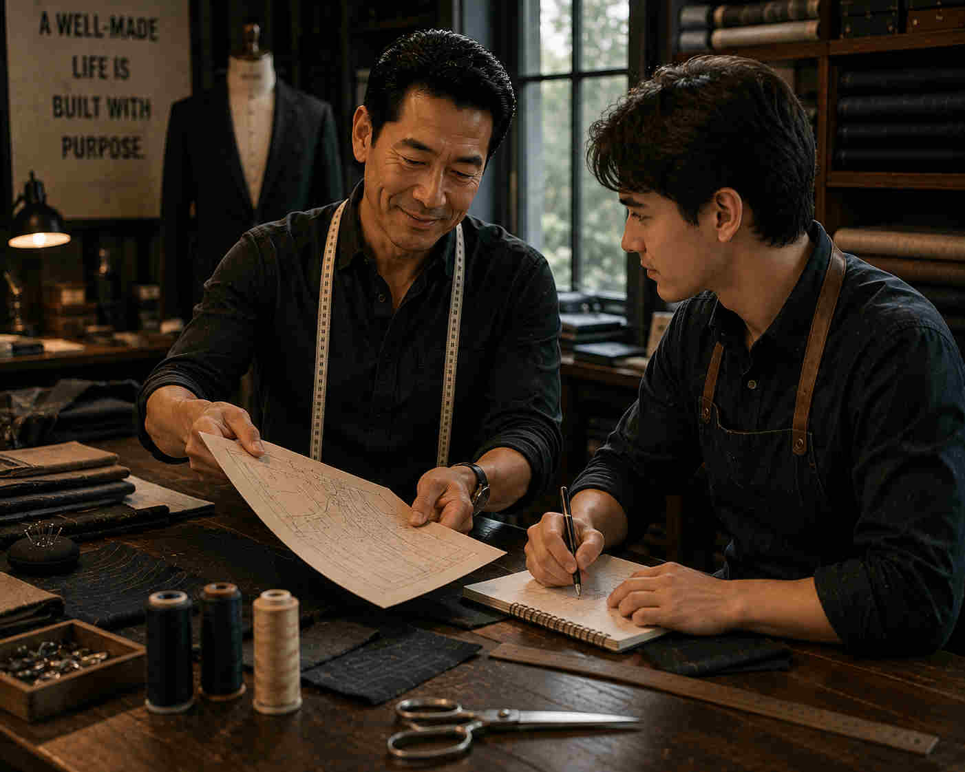 Experienced Asian tailor giving a young apprentice his first pattern and explaining the next steps